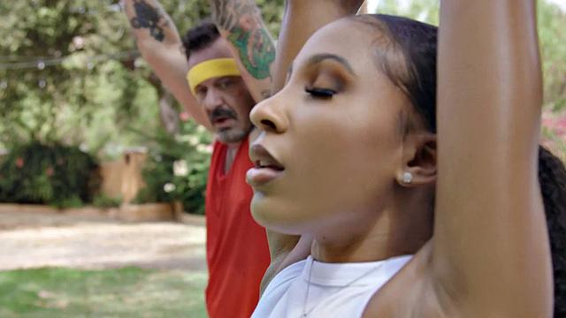 Oiled bigbooty ebony riding cock outdoor after yoga