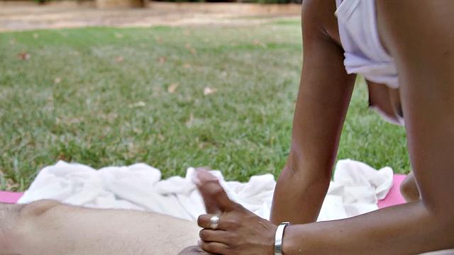 Oiled bigbooty ebony riding cock outdoor after yoga