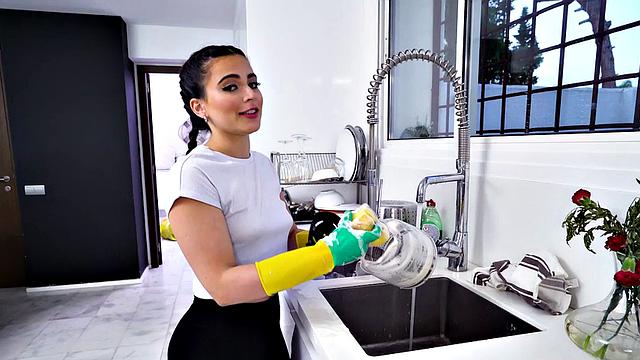 Brunette maid deepthroats POV cock in the kitchen before getting fucked in doggystyle