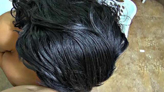 Tattooed brunette with a huge ass and a smile begs for more in this POV kitchen fuck n lick