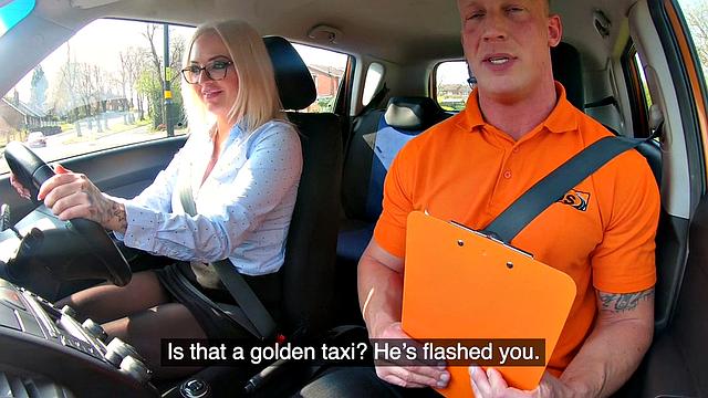 British blonde with big boobs gets a hard tugging from her driver before squirting in a car