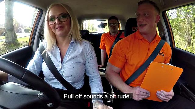 British blonde with big boobs gets a hard tugging from her driver before squirting in a car