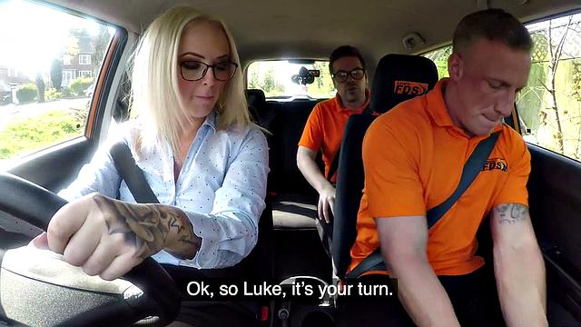 British blonde with big boobs gets a hard tugging from her driver before squirting in a car
