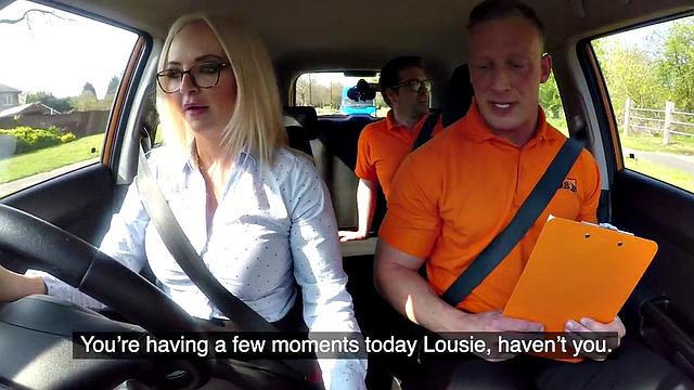 British blonde with big boobs gets a hard tugging from her driver before squirting in a car