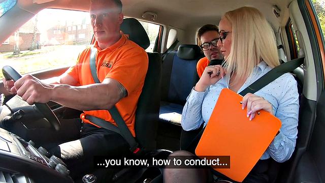 British blonde with big boobs gets a hard tugging from her driver before squirting in a car