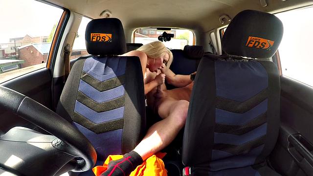 British blonde with big boobs gets a hard tugging from her driver before squirting in a car