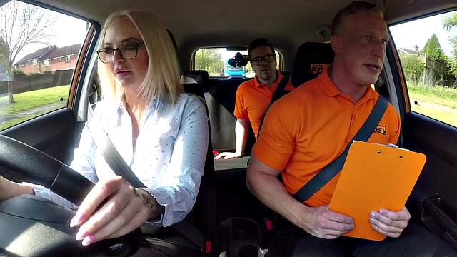 British blonde with big boobs gets a hard tugging from her driver before squirting in a car