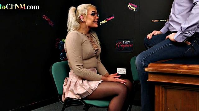 Office CFNM cocksucker spoils cock in femdom BJ