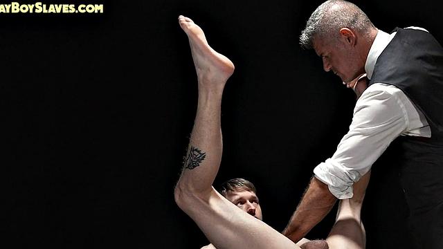 Submissive oiled twink barebacked by suited top