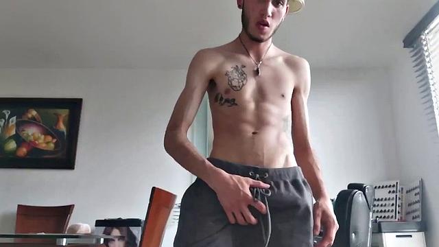 Pervert Boy starts working up a boner in his pants. Once hard, he reveasl his big stiff cock.