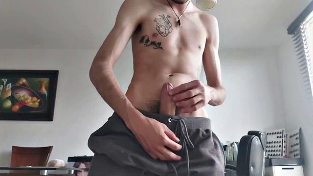 Pervert Boy starts working up a boner in his pants. Once hard, he reveasl his big stiff cock.