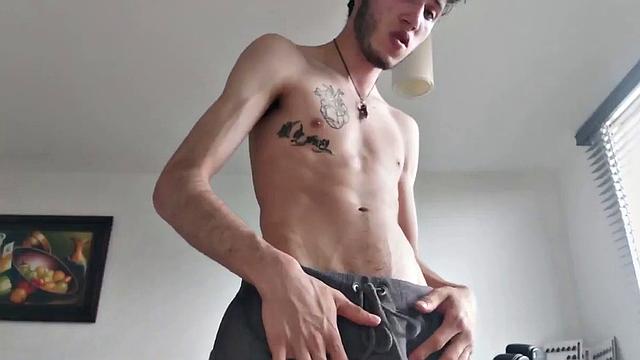 Pervert Boy starts working up a boner in his pants. Once hard, he reveasl his big stiff cock.