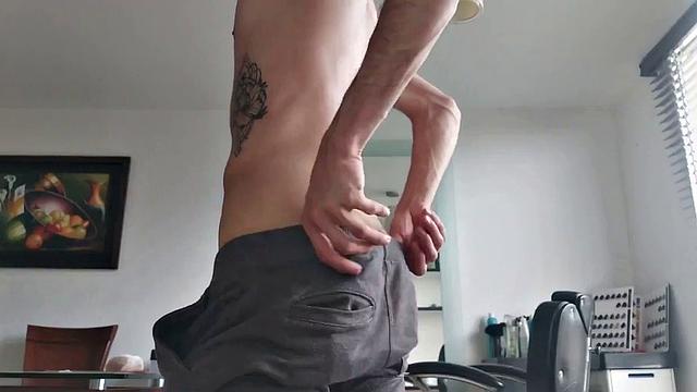 Pervert Boy starts working up a boner in his pants. Once hard, he reveasl his big stiff cock.