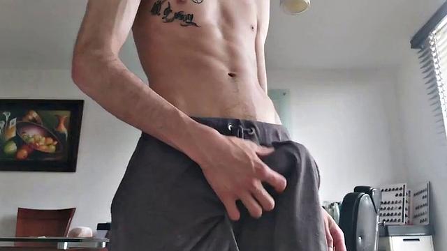 Pervert Boy starts working up a boner in his pants. Once hard, he reveasl his big stiff cock.
