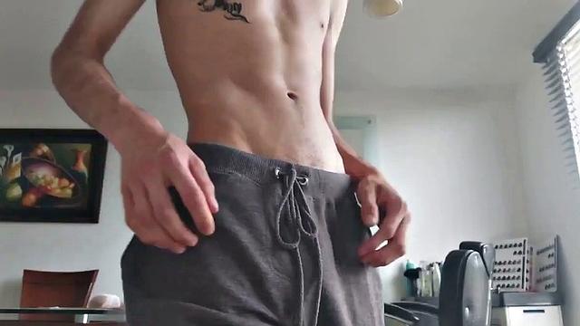 Pervert Boy starts working up a boner in his pants. Once hard, he reveasl his big stiff cock.