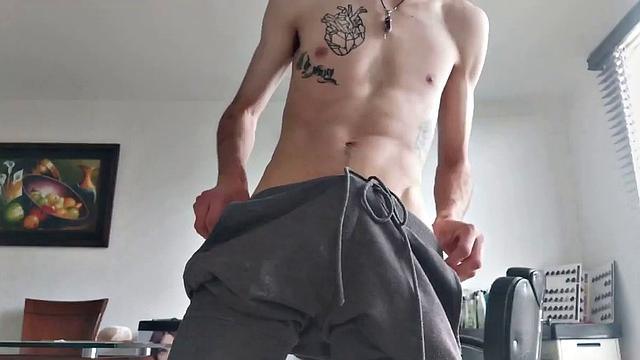 Pervert Boy starts working up a boner in his pants. Once hard, he reveasl his big stiff cock.