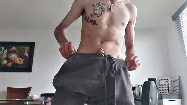 Pervert Boy starts working up a boner in his pants. Once hard, he reveasl his big stiff cock.