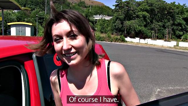 A Russian babe bang in the woods in her tight bald pussy!