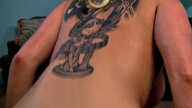 Oiled up blonde tattooed babe gets her tight pussy drilled in POV after a hot BJ