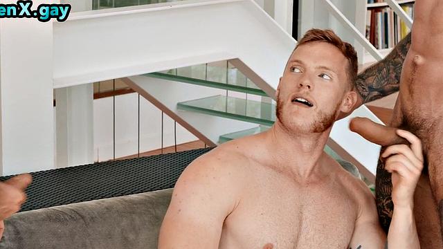 Handsome jocks barebacking in threesome after footlicking