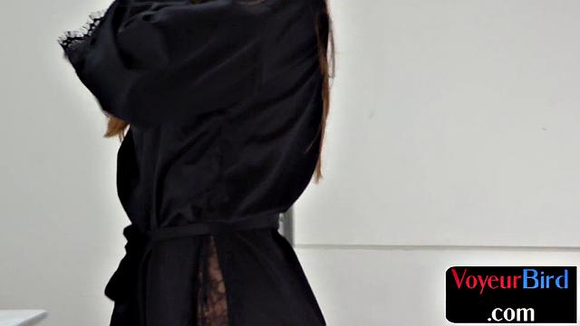 Busty voyeur watching sub jerk off