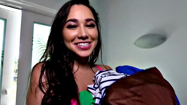 Watch Laundry Day deepthroat and finger her tattooed hairy pussy