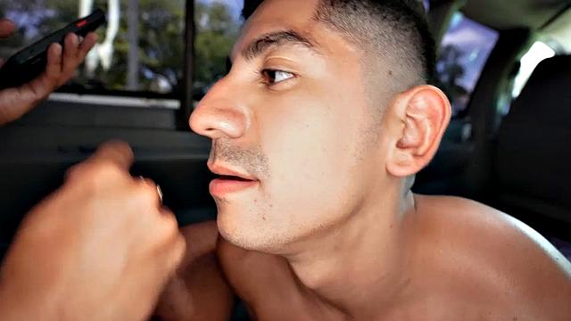 Straight amateur jock fucks gay facial in public van outdoor