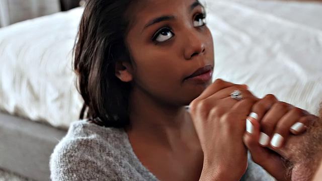 A hot black babe ride her man in a steamy bedroom fuckfest