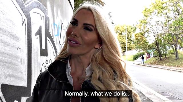 Public busty Aussie MILF picked up and banged hard in lingerie on stairs