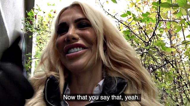 Public busty Aussie MILF picked up and banged hard in lingerie on stairs