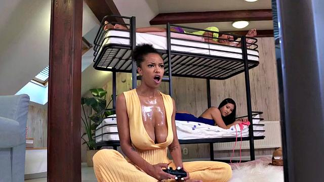 Sweaty tits busty ebony in hostel 3way with asian babe and guy