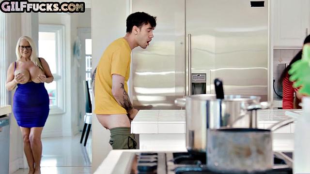 Big-titted blonde satisfies stud