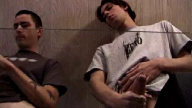 Jayden and Dan grease up their wood and we get close-ups of their horny faces. Jayden sports 8 inches and Dan holds his own. Always the instigator, Dan suggests they cum all over the glass table.