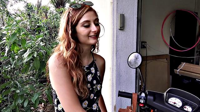 Scooter Trouble gives you the best outdoor handjob ever with her tattooed pussy