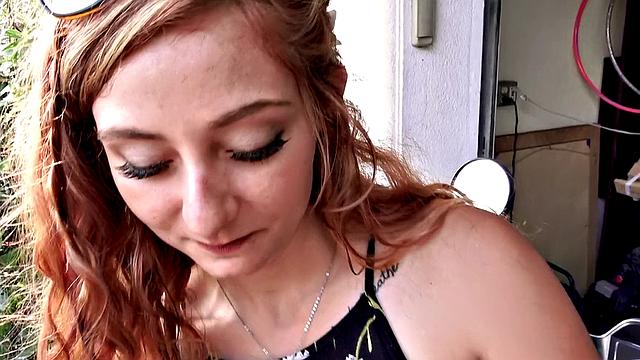 Scooter Trouble gives you the best outdoor handjob ever with her tattooed pussy