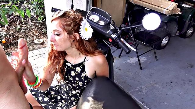 Scooter Trouble gives you the best outdoor handjob ever with her tattooed pussy