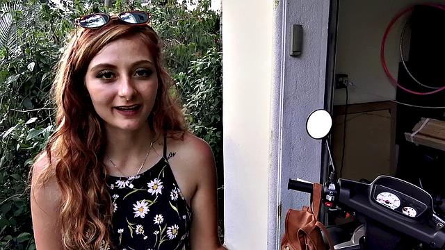 Scooter Trouble gives you the best outdoor handjob ever with her tattooed pussy