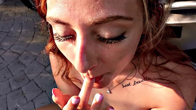 Scooter Trouble gives you the best outdoor handjob ever with her tattooed pussy