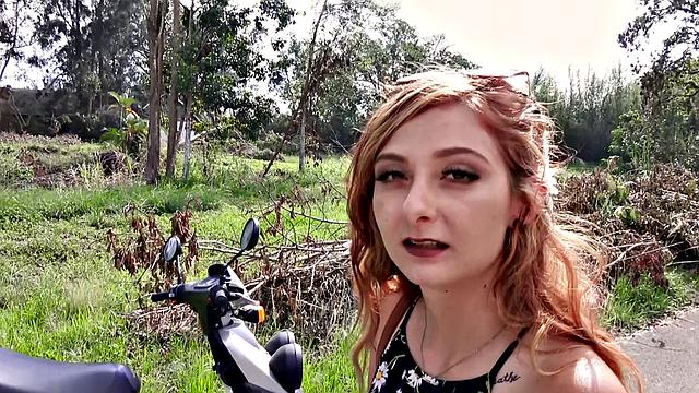 Scooter Trouble gives you the best outdoor handjob ever with her tattooed pussy