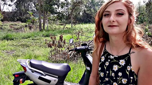 Scooter Trouble gives you the best outdoor handjob ever with her tattooed pussy