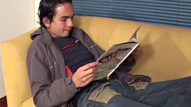 Walter walks in on his roommate Xavier stretched out on the sofa jacking off to a porn magazine. He quietly watches and soon pulls his cock out to stroke.