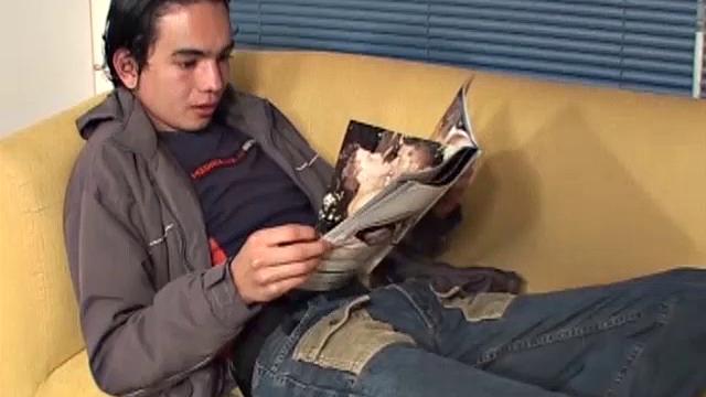 Walter walks in on his roommate Xavier stretched out on the sofa jacking off to a porn magazine. He quietly watches and soon pulls his cock out to stroke.