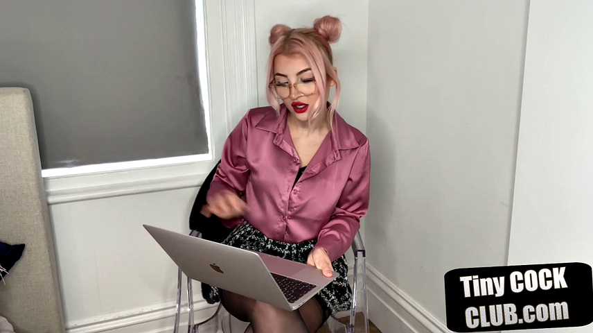 British dominatrix humiliates tiny cock submission with glasses and stockings on