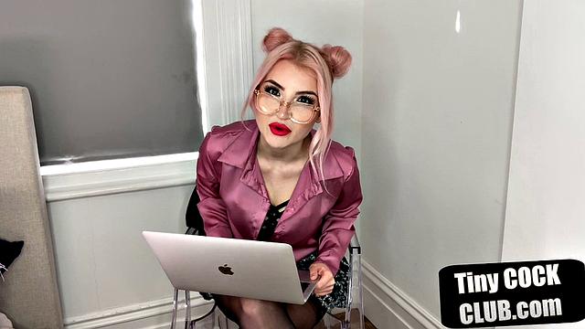 British dominatrix humiliates tiny cock submission with glasses and stockings on
