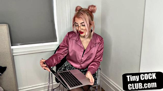 British dominatrix humiliates tiny cock submission with glasses and stockings on