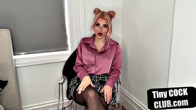 British dominatrix humiliates tiny cock submission with glasses and stockings on