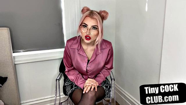 British dominatrix humiliates tiny cock submission with glasses and stockings on