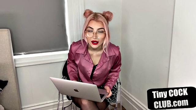 British dominatrix humiliates tiny cock submission with glasses and stockings on