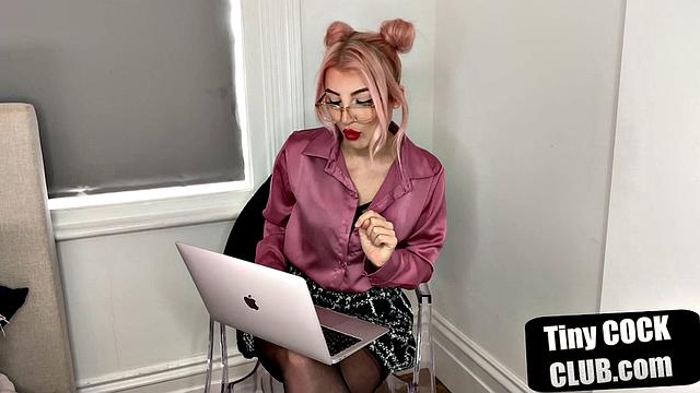 British dominatrix humiliates tiny cock submission with glasses and stockings on