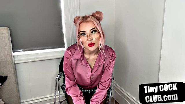 British dominatrix humiliates tiny cock submission with glasses and stockings on